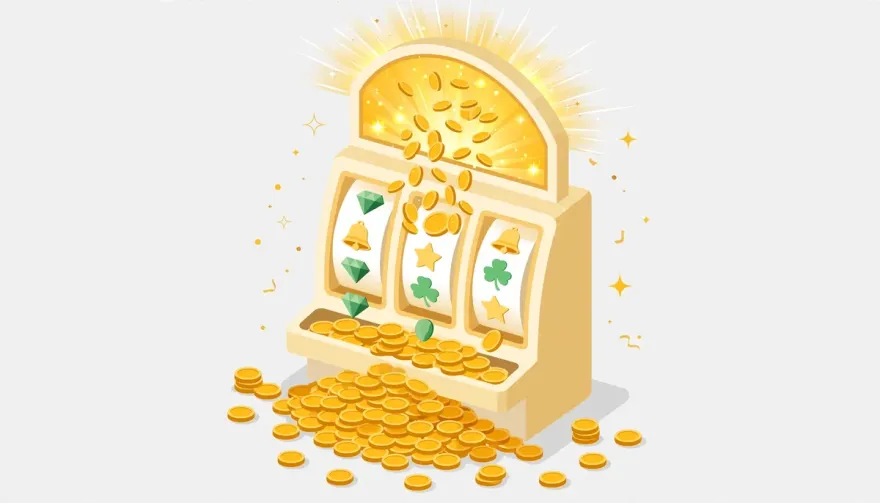Isometric slot machine illustration with 100 free spins bonus coins
