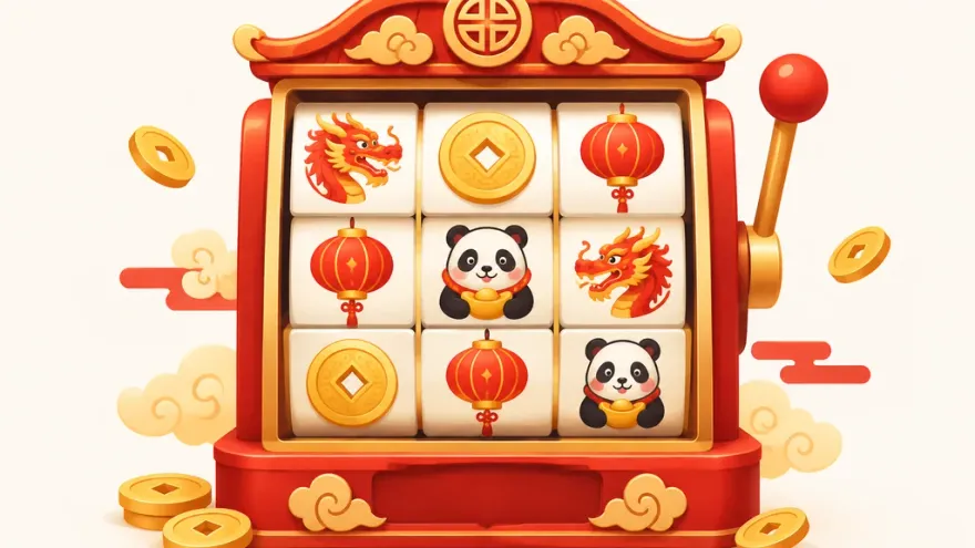 Chinese New Year slot reel with dragon, coin, lantern, and panda symbols