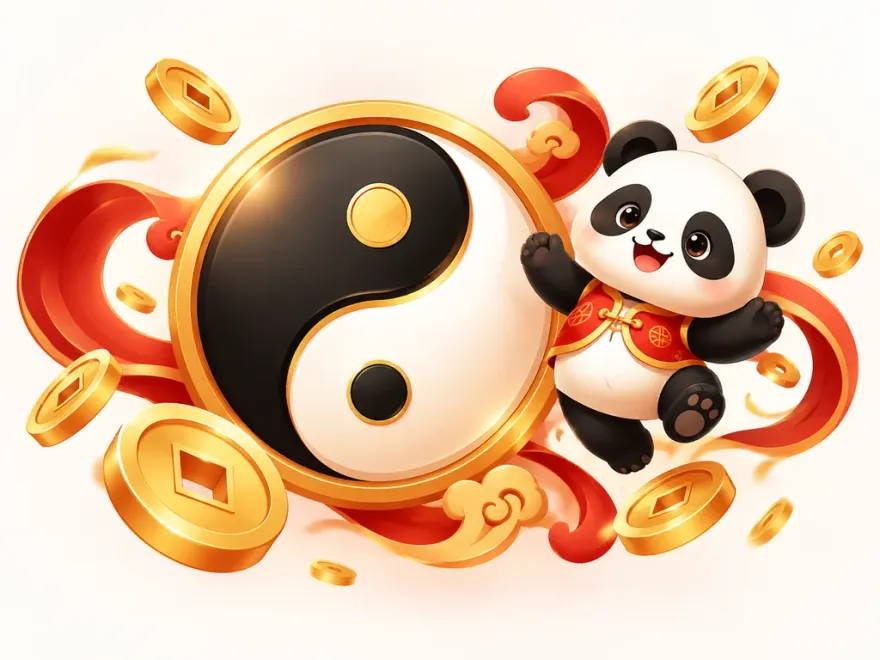 Yin and Yang scatter symbol beside the Panda wild symbol and gold coins