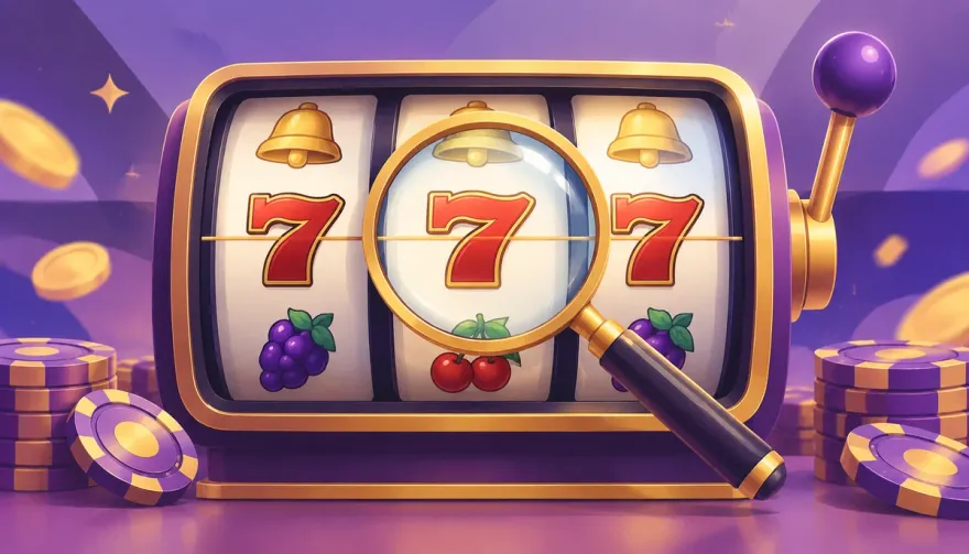 Magnifying glass over slot machine reels, illustrating how to read volatility and paylines