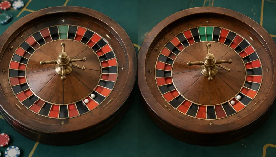 Side-by-side comparison of European single-zero and American double-zero roulette wheel pockets