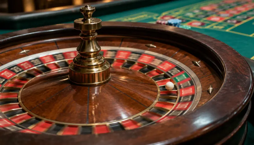 Close-up of a European roulette wheel with the ball settling into a numbered pocket