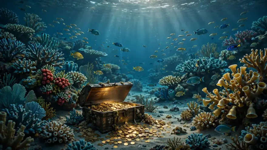 Underwater coral reef treasure scene with glowing gold coins and slot symbols