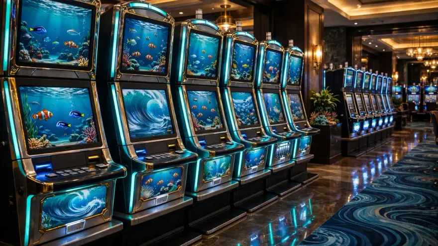Row of ocean-themed slot machines with blue neon trim in a casino