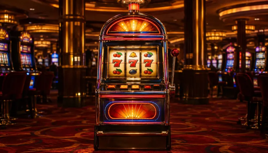 Classic chrome slot cabinet glowing on a casino floor
