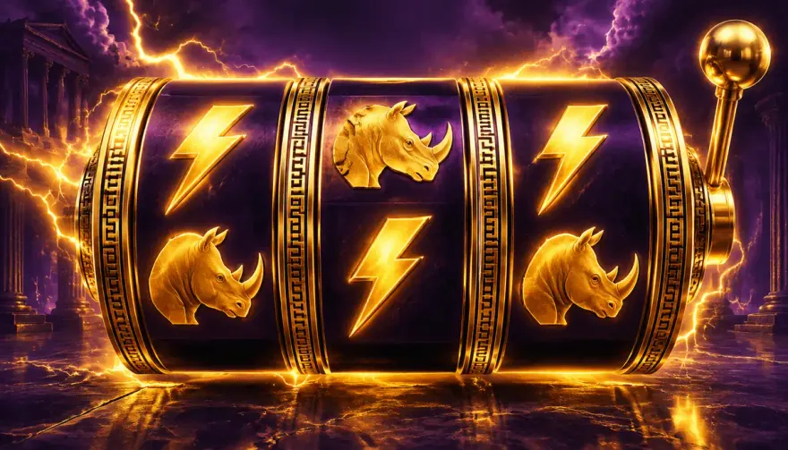 Mythology-themed slot reel with lightning bolt and rhino symbols
