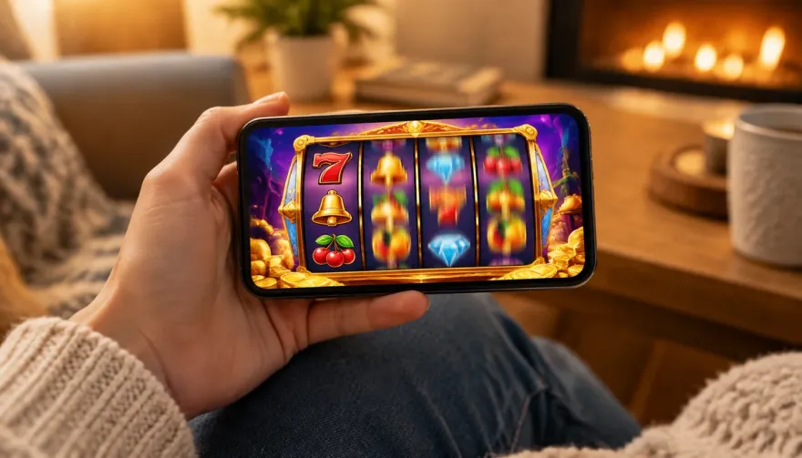 Hand holding a phone mid-spin on a colorful slot game