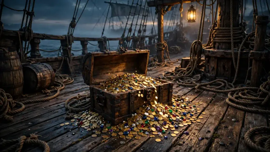 Treasure chest overflowing with gold coins on a pirate ship deck