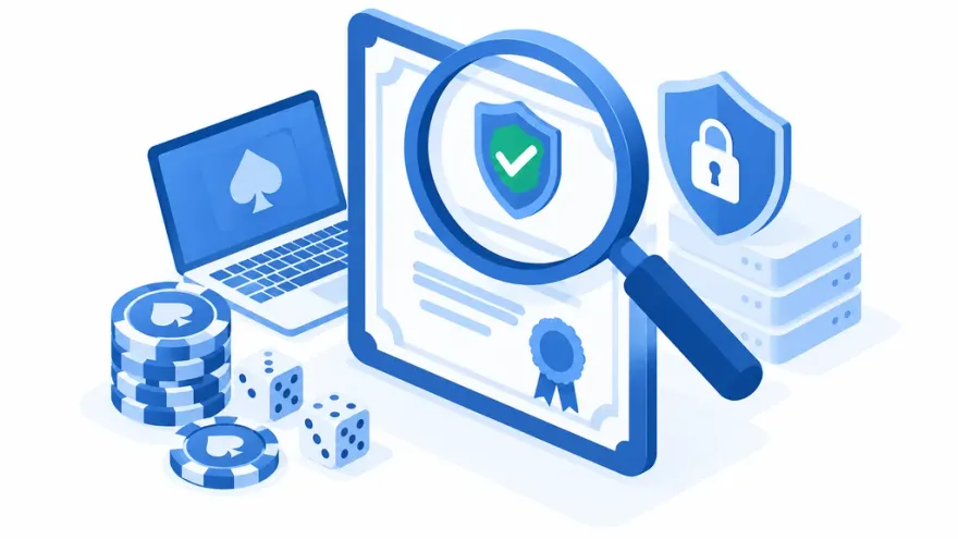 Isometric illustration of a magnifying glass verifying an online casino licence certificate with a checkmark