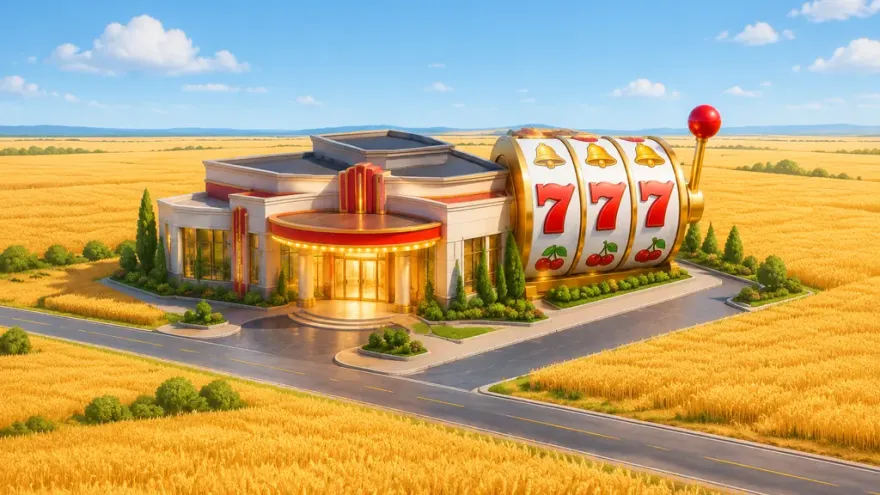 Isometric illustration of a casino building with a giant slot machine beside golden wheat fields
