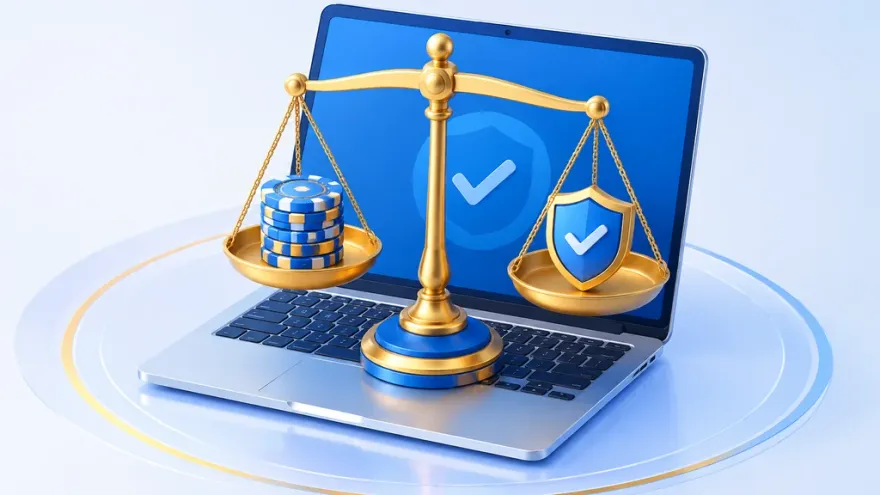 Isometric scales balancing casino chips against a safety shield on a laptop