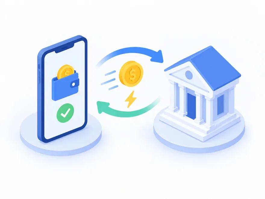 Isometric illustration of an instant money transfer between a mobile wallet and a bank