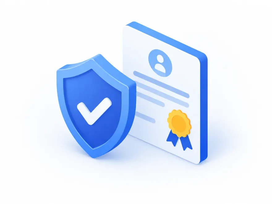 Isometric illustration of a security shield and a certified licence document