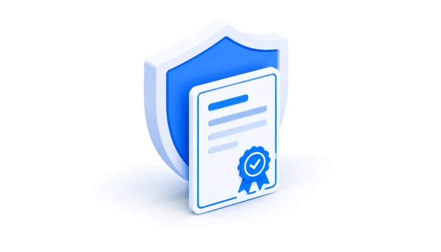 Isometric illustration of a security shield and a certified licence document