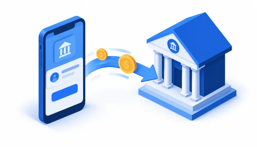 Isometric illustration of an instant money transfer between a mobile banking app and a bank