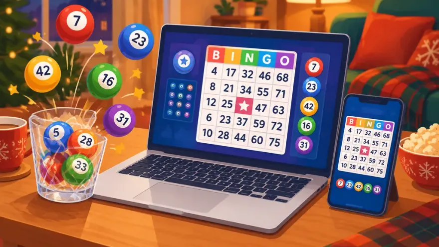 laptop and phone showing matching online bingo cards beside numbered bingo balls