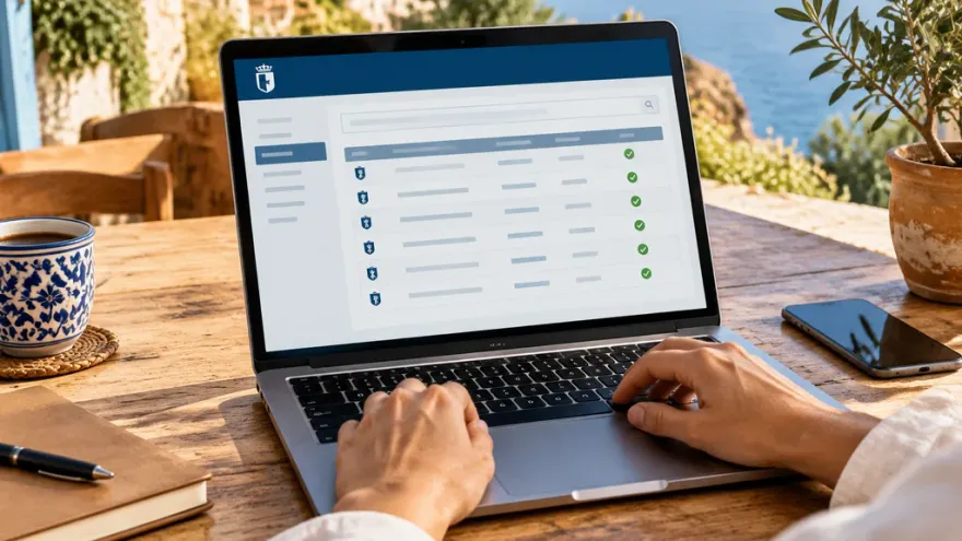 Hands checking an online casino license register on a laptop screen