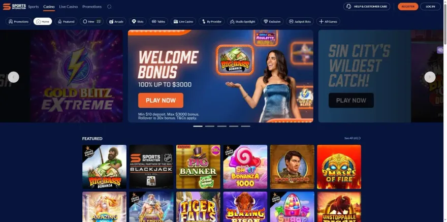 Screenshot of the SIA Casino homepage showing the welcome bonus banner