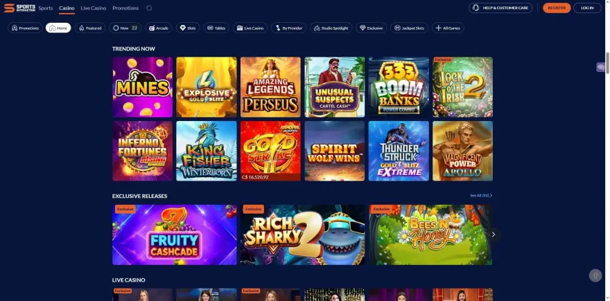 Screenshot of SIA Casino trending and exclusive game library