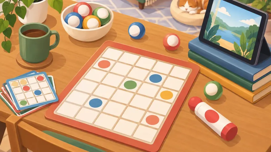 Illustrated bingo card with dabbed cells, colored balls and a dabber pen