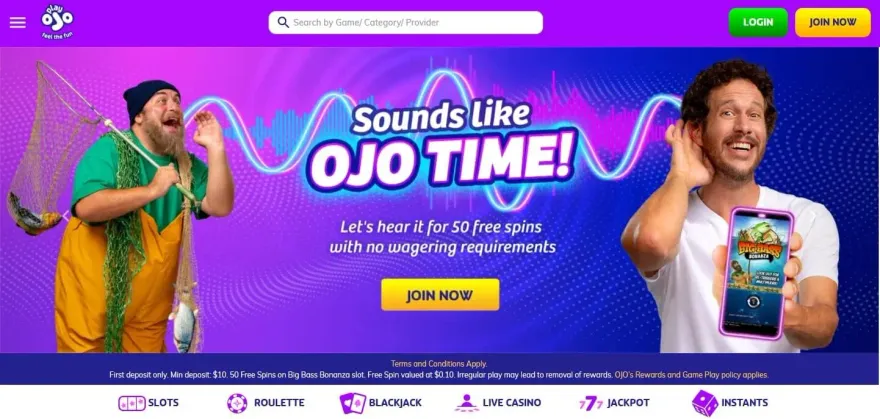 PlayOJO casino homepage banner advertising 50 free spins with no wagering requirements