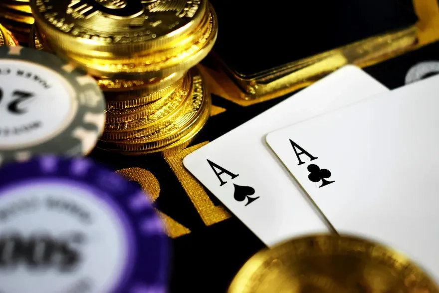 Casino poker chips, gold coins, and two ace playing cards representing bonus pros and cons