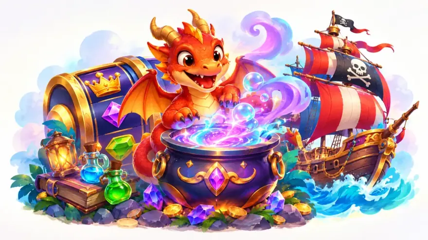 Fantasy slot-reel illustration with cartoon dragon, witch cauldron, and pirate elements