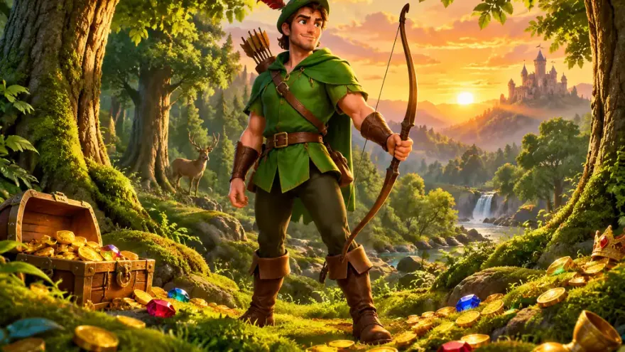 Cartoon archer in Sherwood Forest with scattered gold coins, bright fantasy slot-game illustration