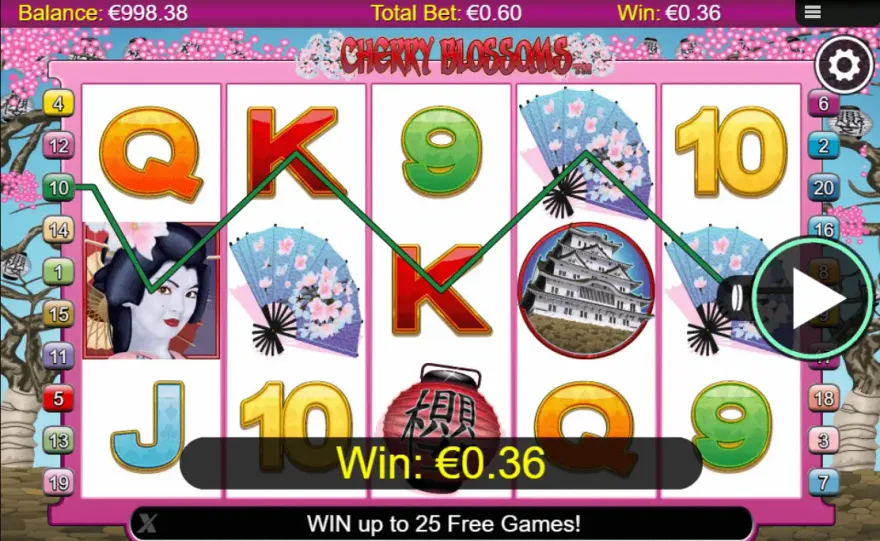 Cherry Blossoms slot reels showing a line win and the free games banner