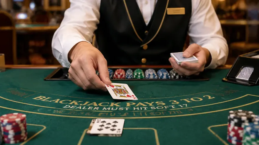 Blackjack dealer revealing a card at a casino table