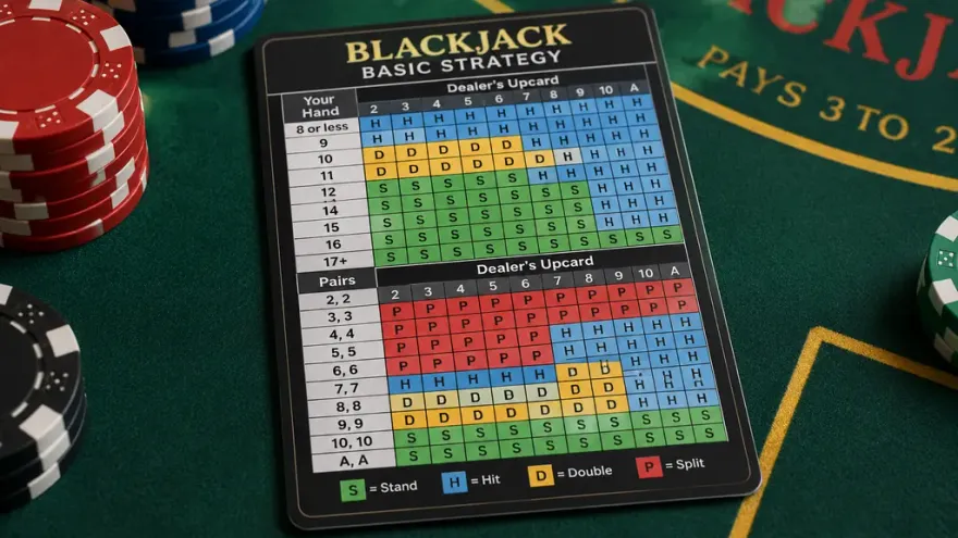Blackjack basic strategy chart card next to casino chips