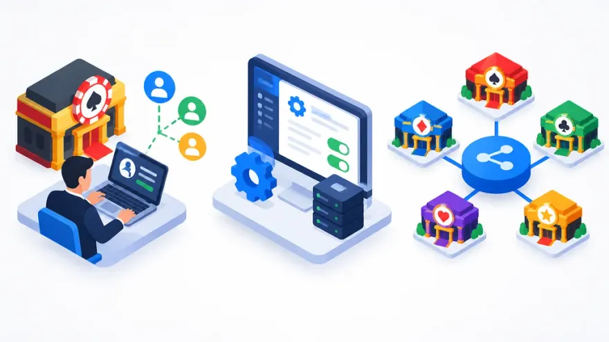 Three casino affiliate program types: operator-run, platform-software, and multi-brand network