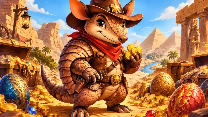 Cartoon armadillo in cowboy gear with Egyptian pyramids