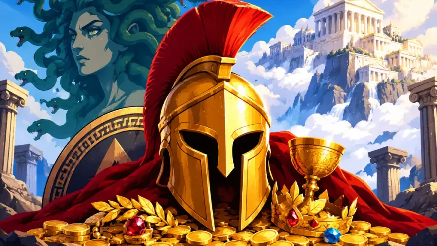 Greek mythology slot art with helmet and Medusa