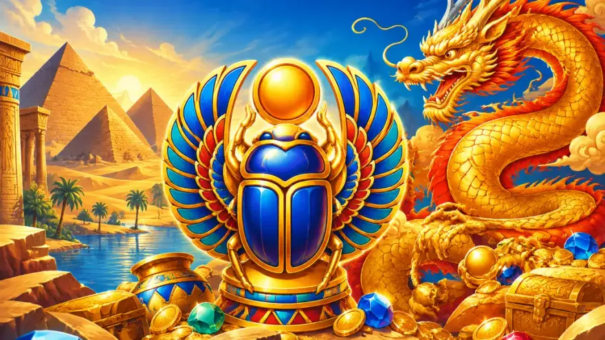 Golden scarab amulet beside a dragon and pyramids