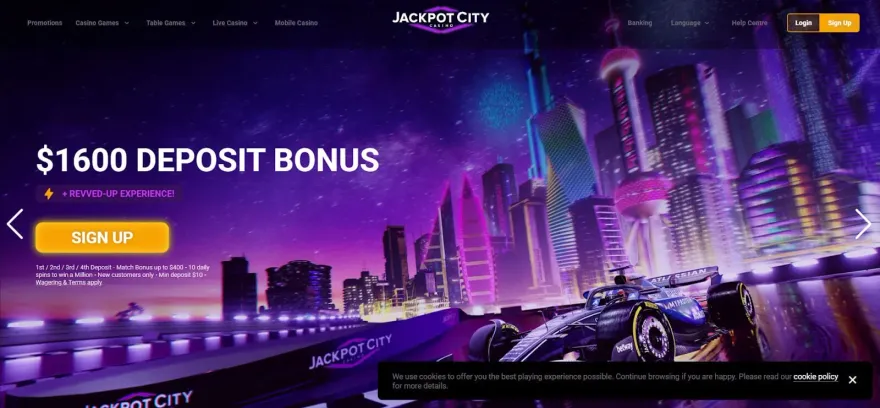 Jackpot City Casino homepage showing a $1600 deposit bonus sign-up banner