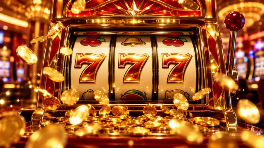 Three golden seven symbols aligned on a classic slot machine reel during a jackpot win