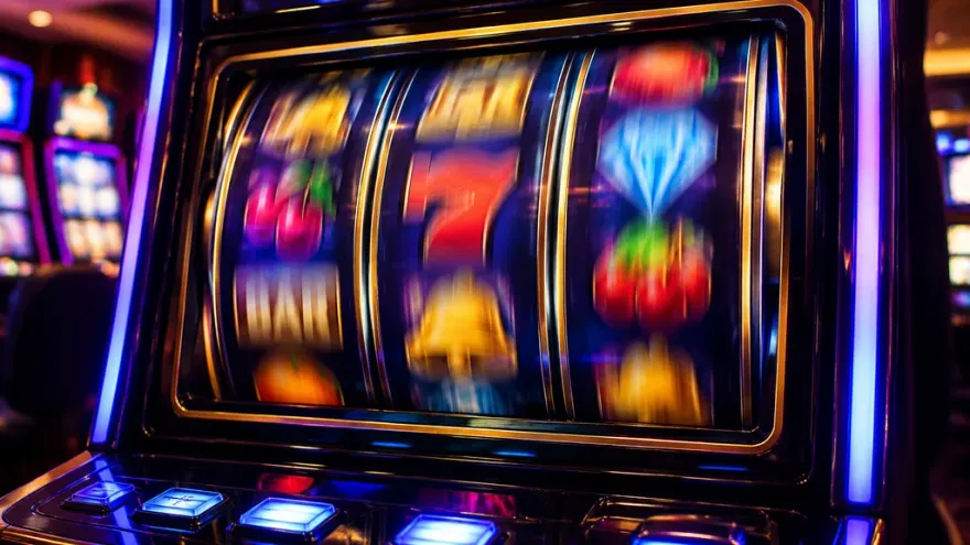 Slot machine reels spinning with blurred symbols under neon casino lighting
