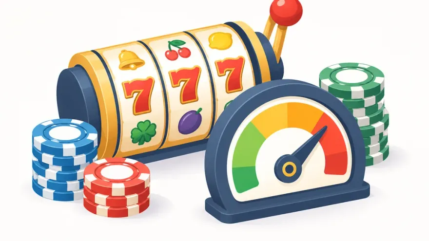 Isometric illustration of slot reel with volatility gauge dial and stacked bankroll chips
