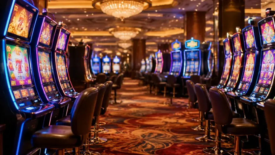 Rows of illuminated slot machines on a modern casino floor