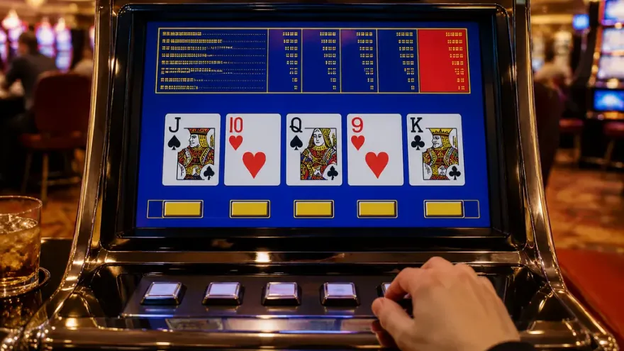 Video poker machine screen showing a dealt five-card hand