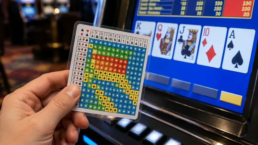 Hand holding a video poker strategy card beside a machine