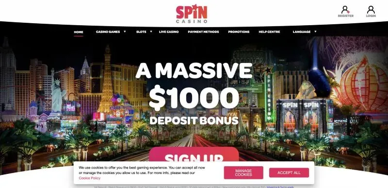 Spin Casino homepage showing a $1000 deposit bonus and sign-up button