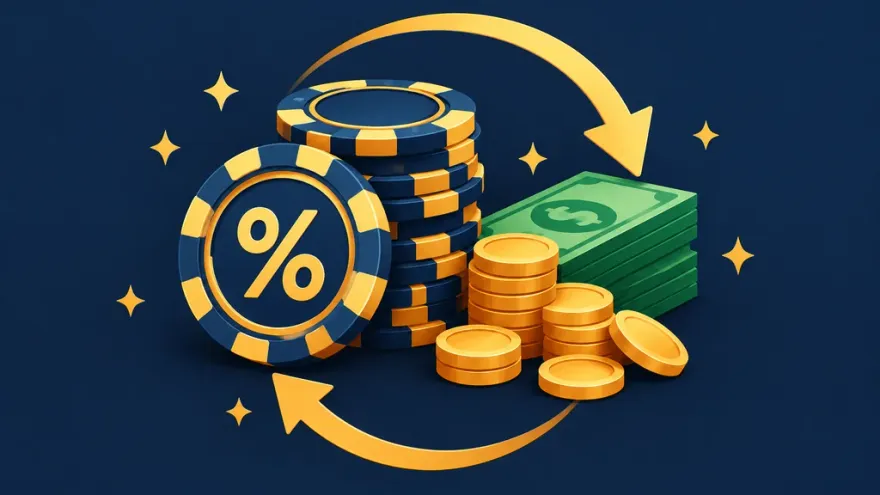 Illustration of casino chips and coins with a cashback return arrow