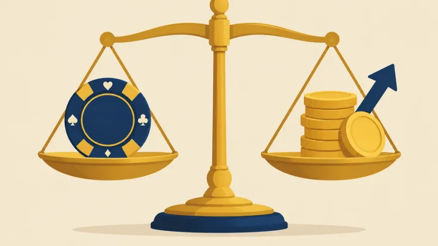 Balance scale icon weighing a casino chip against a coin stack