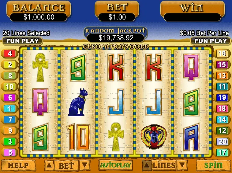 Cleopatra's Gold slot by RTG, a 5-reel 20-payline progressive jackpot slot