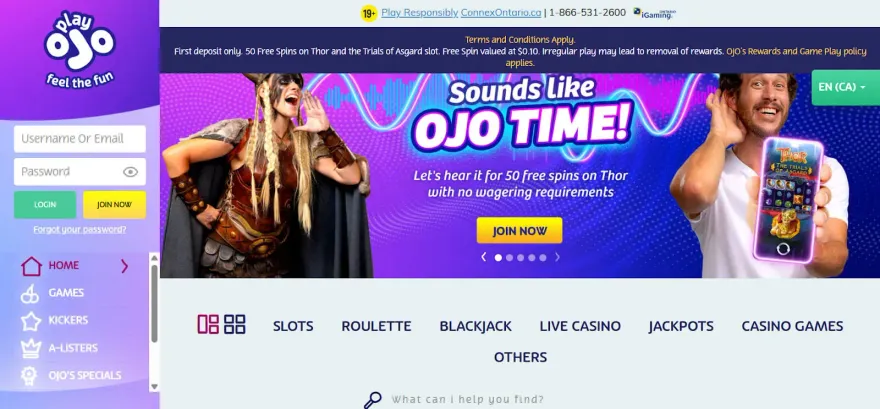 PlayOJO casino homepage with a 50 free spins on Thor promotion