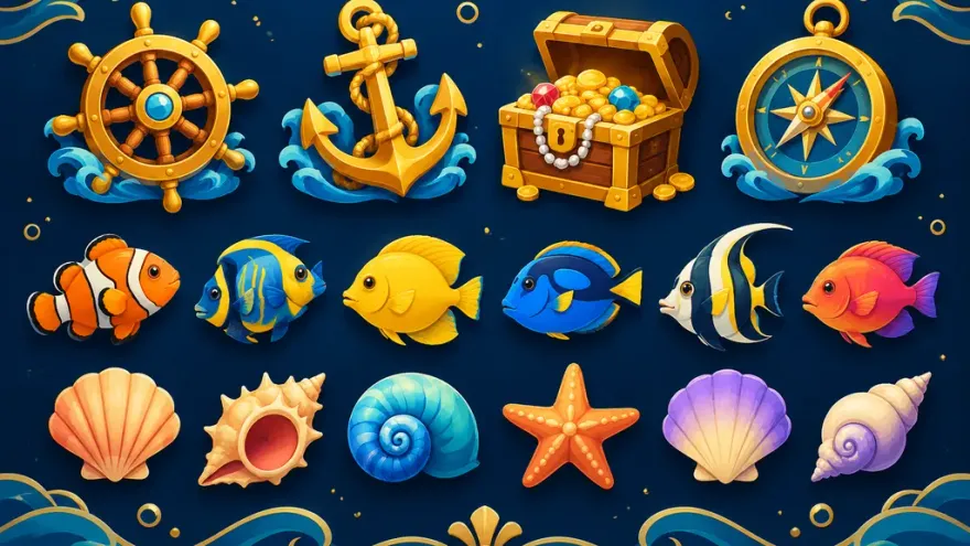 Ocean-themed slot symbols including wild anchors, scatter treasure chests, and fish icons
