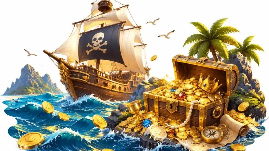 Pirate ship treasure hunt scene with golden coins, sailing vessel, and ocean waves