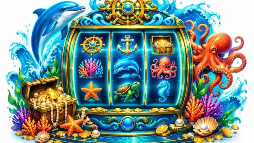 Ocean-themed slot machine display with nautical symbols and bright blue palette